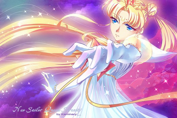 Anime picture 1024x683 with bishoujo senshi sailor moon toei animation tsukino usagi neo queen serenity kaminary single blue eyes blonde hair twintails signed very long hair inscription wallpaper dress gloves ribbon (ribbons) tiara