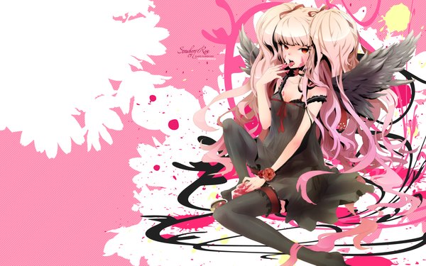 Anime picture 1920x1200 with plastick hiiragi ryou single long hair highres red eyes wide image twintails pink hair cleavage licking girl thighhighs ribbon (ribbons) black thighhighs wings