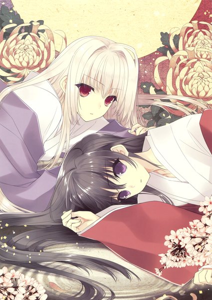 Anime picture 2336x3300 with original eshi 100-nin ten suzuhira hiro suemi. jun long hair tall image looking at viewer highres black hair red eyes purple eyes multiple girls white hair lying traditional clothes japanese clothes wide sleeves cherry blossoms on side girl