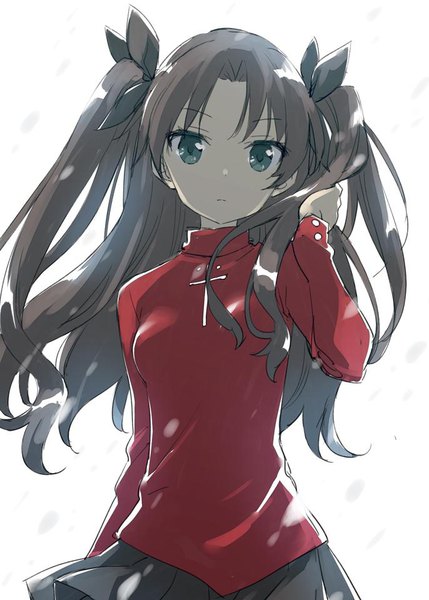Anime picture 686x960 with fate (series) toosaka rin kani biimu single long hair tall image looking at viewer black hair upper body aqua eyes wind two side up adjusting hair girl skirt black skirt turtleneck