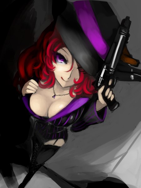 Anime picture 1200x1600 with league of legends miss fortune (league of legends) kumiko shiba single long hair tall image looking at viewer breasts simple background large breasts purple eyes cleavage red hair from above licking curly hair girl thighhighs weapon hat
