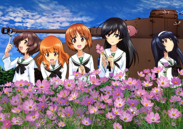 Anime picture 4101x2881 with girls und panzer nishizumi miho akiyama yukari takebe saori reizei mako isuzu hana long hair highres short hair open mouth black hair brown hair multiple girls brown eyes blue hair absurdres sky cloud (clouds) black eyes scan