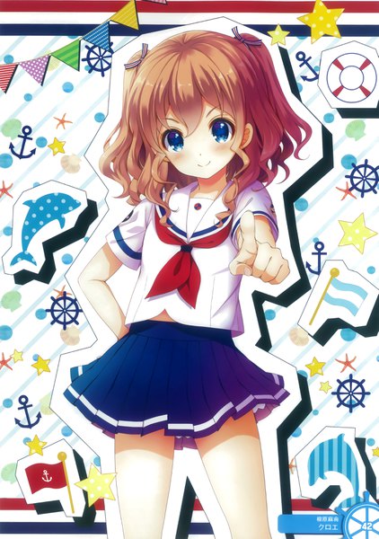 Anime picture 2701x3840 with high school fleet yanagiwara maron crowe (sugar-berry-syrup) single long hair tall image looking at viewer blush highres blue eyes smile brown hair scan official art pointing girl skirt miniskirt sailor suit
