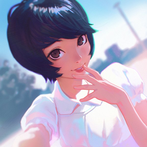 Anime picture 900x900 with original ilya kuvshinov single looking at viewer fringe short hair black hair brown eyes outdoors parted lips light smile lips sunlight blurry short sleeves dutch angle lipstick finger to mouth portrait eyeshadow