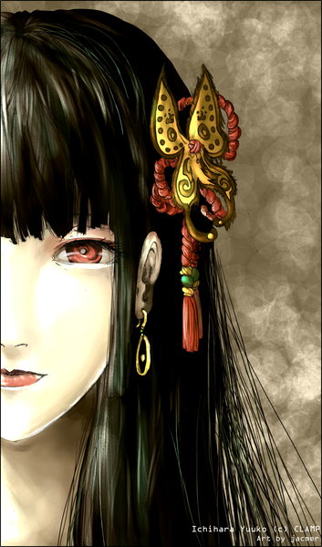 Anime picture 2010x3410 with xxxholic clamp ichihara yuuko jacmer single long hair tall image highres black hair red eyes lips inscription face girl hair ornament earrings