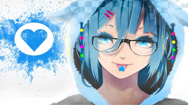 Anime picture 1920x1080 with original muellerk63 single looking at viewer fringe highres short hair blue eyes wide image blue hair light smile face checkered girl hair ornament glasses heart hairclip tongue star (symbol)