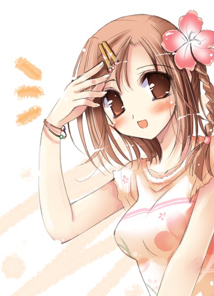 Anime picture 1654x2284 with happiness kamisaka haruhi ko~cha single tall image blush short hair open mouth brown hair brown eyes hair flower single braid girl hair ornament flower (flowers) bracelet bobby pin sundress hibiscus