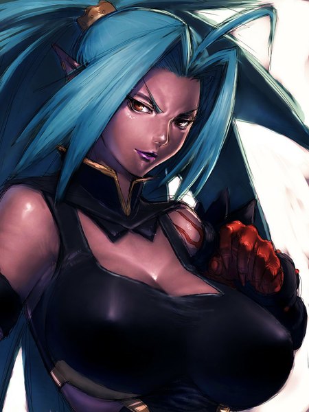 Anime picture 810x1080 with dungeon and fighter roxy (dungeon and fighter) fumio (rsqkr) single tall image breasts large breasts blue hair looking away cleavage ahoge ponytail lips pointy ears orange eyes lipstick dark skin eyebrows girl gloves