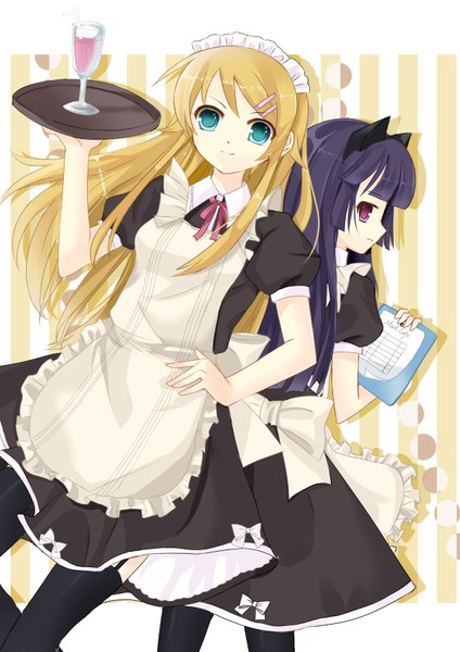 Anime picture 2480x3507 with ore no imouto ga konna ni kawaii wake ga nai gokou ruri kousaka kirino kita (kitairoha) elise (piclic) long hair tall image highres blonde hair red eyes multiple girls green eyes animal ears purple hair cat ears maid hand on hip waitress girl 2 girls