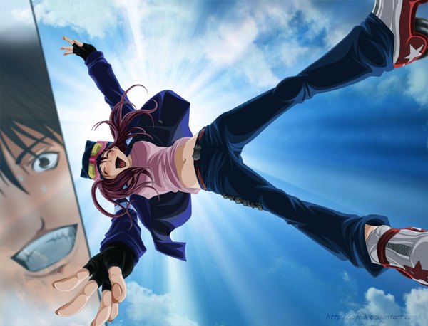 Anime picture 1000x764 with air gear toei animation minami itsuki noyamano ringo ioshik long hair short hair open mouth black hair smile brown eyes pink hair sky cloud (clouds) eyes closed sunlight grin coloring ^ ^ ^o^
