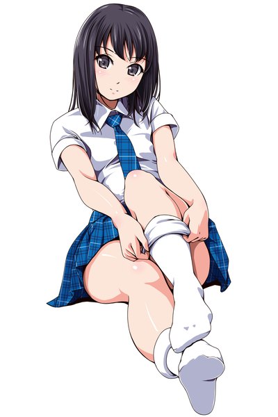 Anime picture 800x1200 with original matsunaga kouyou single tall image looking at viewer blush fringe short hair black hair simple background white background sitting full body head tilt pleated skirt light smile short sleeves grey eyes leaning thighs
