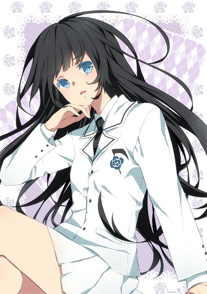 Anime picture 650x922 with original inma r. single long hair tall image fringe open mouth blue eyes black hair sitting bent knee (knees) pleated skirt crossed legs floral print hand on face girl skirt uniform school uniform necktie