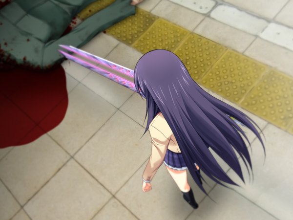 Anime picture 1280x960 with chaos;head aoi sena long hair black hair skirt sword serafuku blood