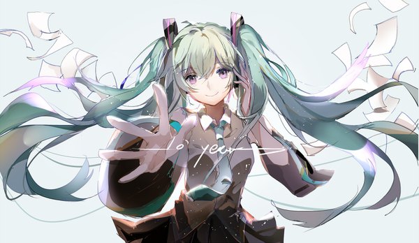 Anime picture 1400x814 with vocaloid hatsune miku bxr single long hair looking at viewer fringe smile hair between eyes wide image purple eyes twintails upper body head tilt aqua hair floating hair outstretched hand anniversary girl necktie