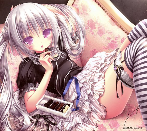 Anime picture 3133x2808 with tinker bell single long hair looking at viewer blush fringe highres breasts open mouth light erotic purple eyes twintails signed absurdres lying arm up grey hair scan short sleeves arm behind head