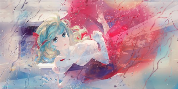 Anime picture 3600x1800 with touhou kagiyama hina jq single long hair looking at viewer highres open mouth wide image bare shoulders blue hair multicolored hair barefoot green hair bare legs no shoes gradient hair rain falling against glass