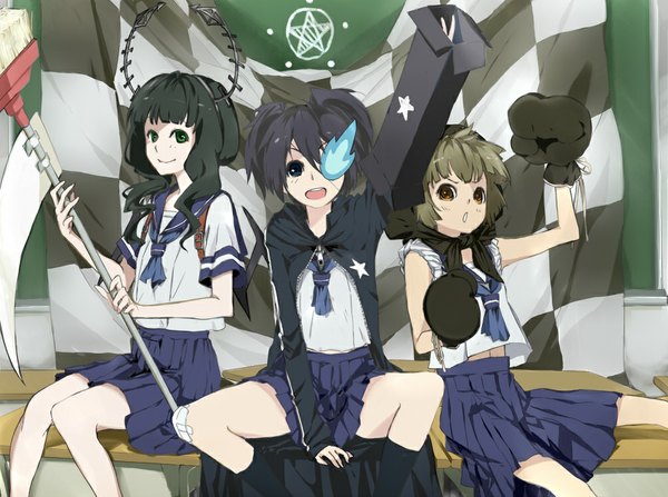 Anime picture 1002x747 with black rock shooter black rock shooter (character) dead master strength (black rock shooter) kuroi mato takanashi yomi yuu (black rock shooter) tri-bby (artist) long hair short hair open mouth blue eyes black hair smile brown hair sitting twintails multiple girls brown eyes green eyes