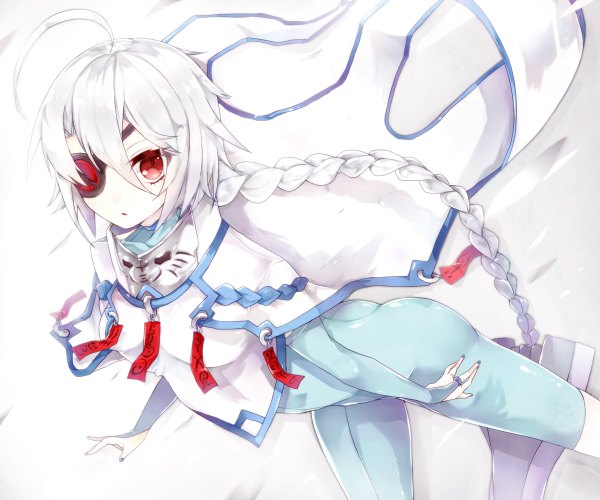 Anime picture 1200x1000 with blazblue nu-13 sakofu single looking at viewer open mouth simple background red eyes white background silver hair ahoge braid (braids) very long hair girl uniform eyepatch