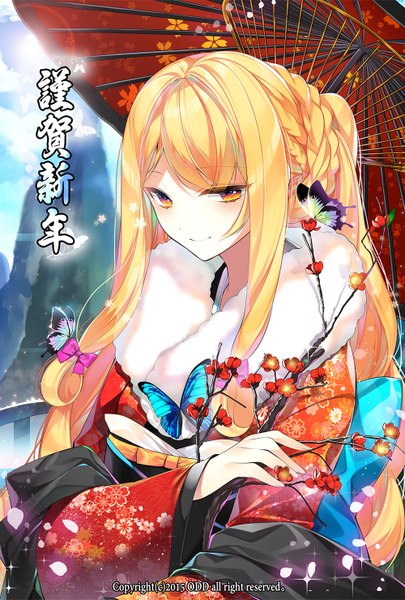 Anime picture 1000x1480 with touhou yakumo yukari roh nam kyung single long hair tall image looking at viewer blonde hair yellow eyes traditional clothes japanese clothes new year nengajou girl flower (flowers) petals kimono insect butterfly umbrella
