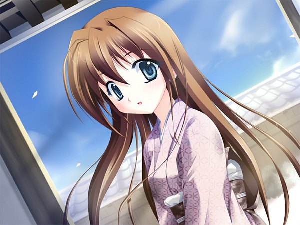 Anime picture 1024x768 with koimomo long hair blue eyes brown hair game cg japanese clothes girl kimono