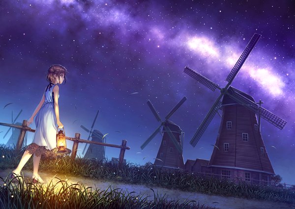 Anime picture 1400x995 with original kurage (kurakurapix) single short hair brown hair holding brown eyes looking away sky wind night hair bun (hair buns) night sky walking scenic milky way girl dress plant (plants) star (stars)