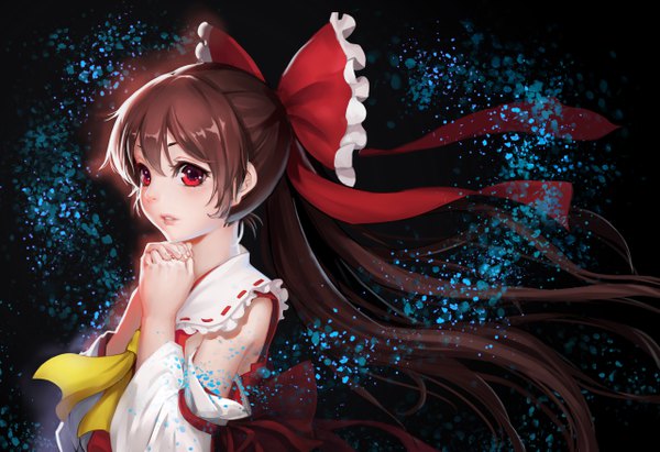 Anime picture 5114x3508 with touhou hakurei reimu hong bai red and white single long hair looking at viewer fringe highres hair between eyes red eyes brown hair absurdres upper body parted lips floating hair dark background hands clasped alternate eye color girl