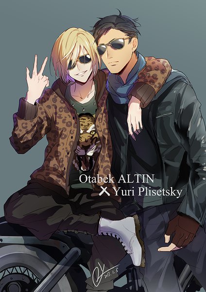 Anime picture 600x848 with yuri!!! on ice mappa yuri plisetsky otabek altin 2y tall image short hair black hair simple background blonde hair smile signed grey background open jacket multiple boys character names dated victory animal print leopard print