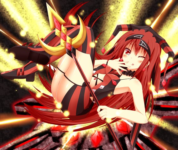 Anime picture 1192x1000 with beatmania beatmania iidx aka no ripika yuzutei single long hair blush red eyes red hair one eye closed wink girl thighhighs weapon striped thighhighs trident