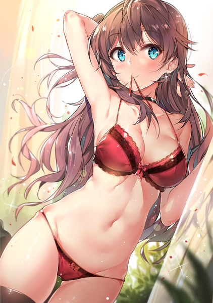 Anime picture 765x1087 with idolmaster idolmaster cinderella girls ichinose shiki yuran (cozyquilt) single long hair tall image blush breasts light erotic brown hair bare shoulders holding looking away arm up aqua eyes bare belly armpit (armpits) depth of field underwear only