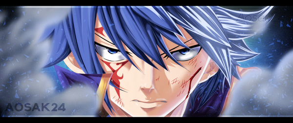 Anime picture 1900x803 with fairy tail jellal fernandes aosak24 single highres short hair blue eyes wide image blue hair tattoo coloring facial mark close-up smoke face boy blood