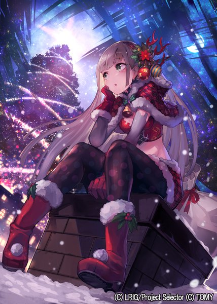 Anime picture 661x926 with wixoss matsumoto mitsuaki single long hair tall image blush brown hair sitting brown eyes looking away christmas polka dot girl skirt gloves hair ornament miniskirt pantyhose boots red gloves