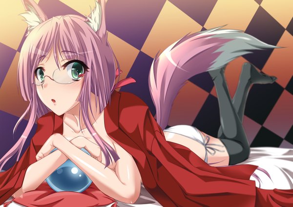 Anime picture 1412x1000 with original tomabechi blush fringe light erotic green eyes animal ears pink hair ass lying animal tail :o fox ears shiny skin crossed legs fox tail fox girl girl thighhighs underwear