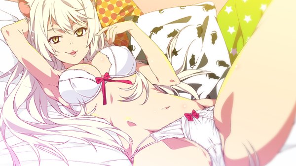 Anime picture 1280x720 with bakemonogatari shaft (studio) monogatari (series) hanekawa tsubasa black hanekawa mizuki makoto long hair looking at viewer breasts light erotic wide image animal ears yellow eyes white hair cat ears underwear only girl navel underwear panties