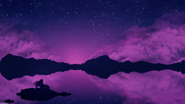 Anime picture 1024x576 with original meiyue single long hair wide image sitting cloud (clouds) wind from behind night night sky reflection silhouette nature lake panorama girl star (stars) island