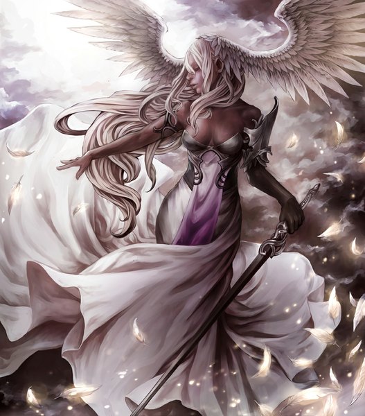 Anime picture 1024x1166 with original nabe (artist) single long hair tall image breasts light erotic bare shoulders brown eyes sky cleavage cloud (clouds) white hair profile lips realistic dark skin valkyrie girl dress