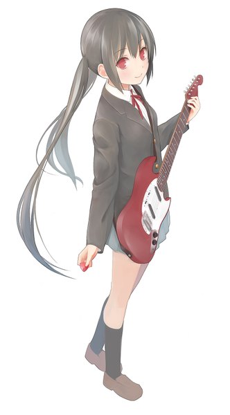 Anime picture 1025x1850 with k-on! kyoto animation nakano azusa single long hair tall image looking at viewer fringe black hair smile red eyes standing white background light smile girl uniform school uniform socks black socks guitar