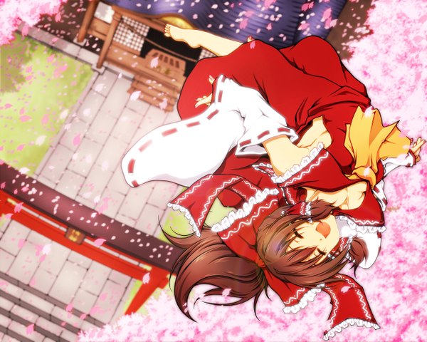 Anime picture 1280x1024 with touhou hakurei reimu haruyonoto single long hair open mouth brown hair eyes closed japanese clothes barefoot cherry blossoms flying miko girl bow detached sleeves petals