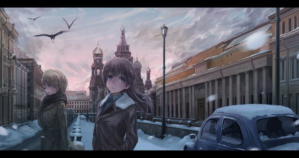 Anime picture 2000x1061 with strike witches eila ilmatar juutilainen nikka edvardine katajainen lif (lif-ppp) long hair highres short hair blue eyes blonde hair brown hair wide image multiple girls cloud (clouds) snowing letterboxed winter snow real world location girl 2 girls