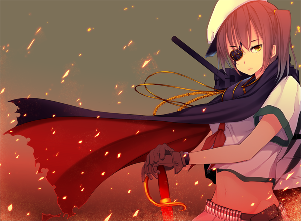 Anime picture 1200x880 with kantai collection kaga aircraft carrier kiyomin single looking at viewer short hair brown hair yellow eyes midriff girl gloves navel weapon sword cape eyepatch sailor suit peaked cap