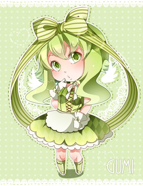 Anime picture 1000x1300 with vocaloid gumi nou single tall image looking at viewer blush short hair green eyes green hair character names chibi angel wings polka dot rhombus polka dot background girl dress gloves ribbon (ribbons)