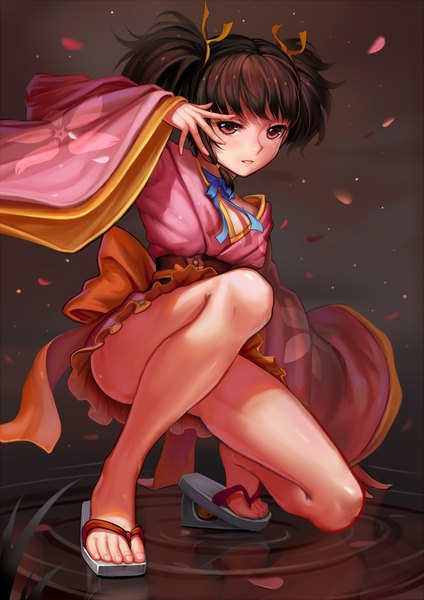 Anime picture 3200x4524 with koutetsujou no kabaneri wit studio mumei (kabaneri) sonikey0 0 single tall image highres short hair light erotic black hair red eyes twintails absurdres traditional clothes japanese clothes bare legs short twintails girl ribbon (ribbons) hair ribbon