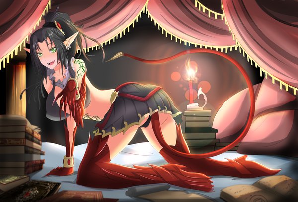 Anime picture 4271x2893 with original torahime (roland00) single long hair looking at viewer highres breasts light erotic black hair smile green eyes absurdres ass ponytail tail pleated skirt pointy ears teeth fang (fangs) tattoo