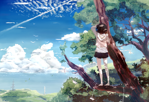 Anime picture 1000x687 with original bou shaku single short hair brown hair sky cloud (clouds) barefoot from behind landscape scenic girl plant (plants) animal tree (trees) water shorts sea bird (birds) power lines