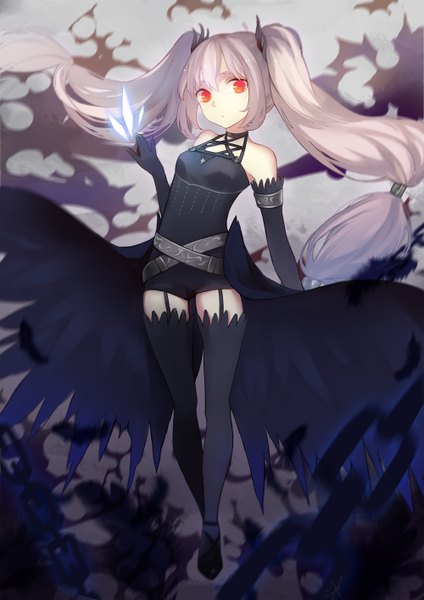 Anime picture 2000x2828 with slyvia single long hair tall image looking at viewer fringe highres hair between eyes red eyes twintails bare shoulders payot pink hair full body zettai ryouiki floating hair girl thighhighs gloves hair ornament
