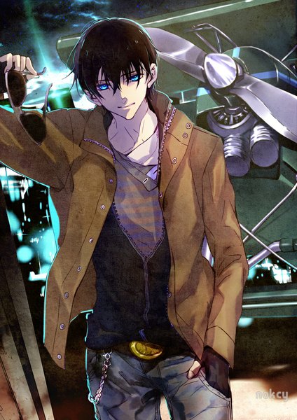 Anime picture 800x1131 with original ashita tall image looking at viewer short hair blue eyes brown hair standing holding open clothes open jacket hand in pocket sunglasses removed boy gloves black gloves jacket belt fingerless gloves sunglasses