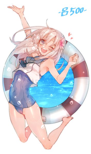 Anime picture 1032x1743 with kantai collection ro-500 submarine zuizi single long hair tall image open mouth light erotic blonde hair white background full body arm up hair flower character names jumping sailor collar girl flower (flowers) swimsuit one-piece swimsuit