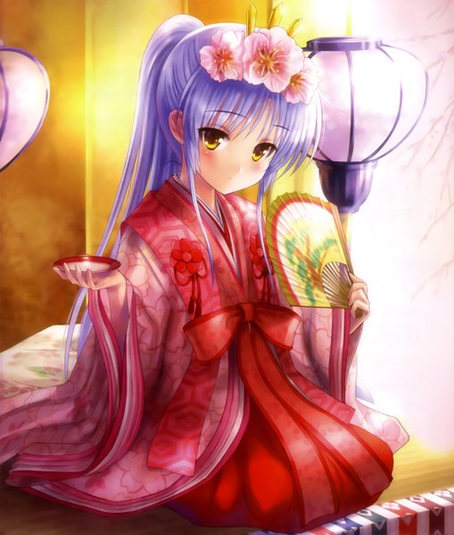 Anime picture 2139x2520 with angel beats! key (studio) tachibana kanade goto p single long hair tall image looking at viewer blush highres yellow eyes blue hair ponytail traditional clothes japanese clothes hair flower scan official art girl hair ornament