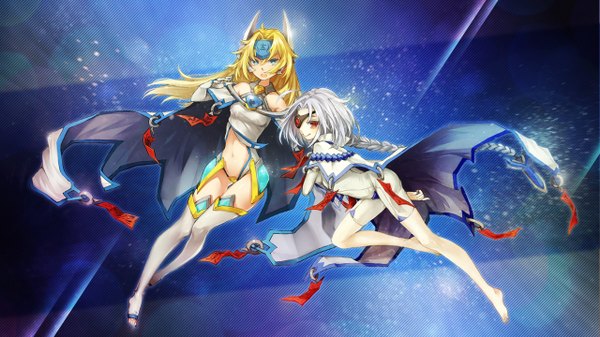 Anime picture 1280x720 with blazblue nu-13 mu-12 siting zeng reika (clovia studio) long hair blue eyes blonde hair red eyes wide image multiple girls silver hair ahoge nail polish barefoot no shoes single braid girl thighhighs gloves