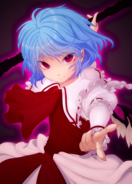 Anime picture 2590x3624 with touhou remilia scarlet eltk single tall image highres short hair smile blue hair pink eyes coloring girl dress wings