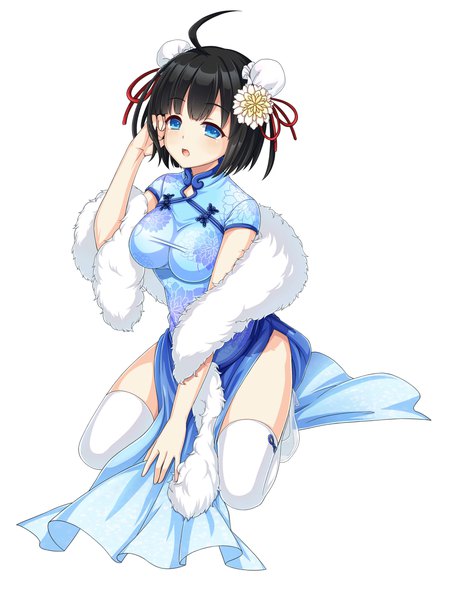 Anime picture 1000x1320 with valkyrie drive arms corporation cle masahiro single tall image short hair open mouth blue eyes light erotic black hair simple background white background looking away ahoge traditional clothes hair bun (hair buns) chinese clothes girl thighhighs white thighhighs